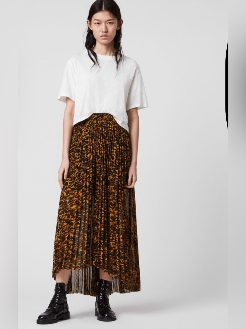 AllSaints Cora Leopard Print Satin Pleated Maxi Skirt Sz 6